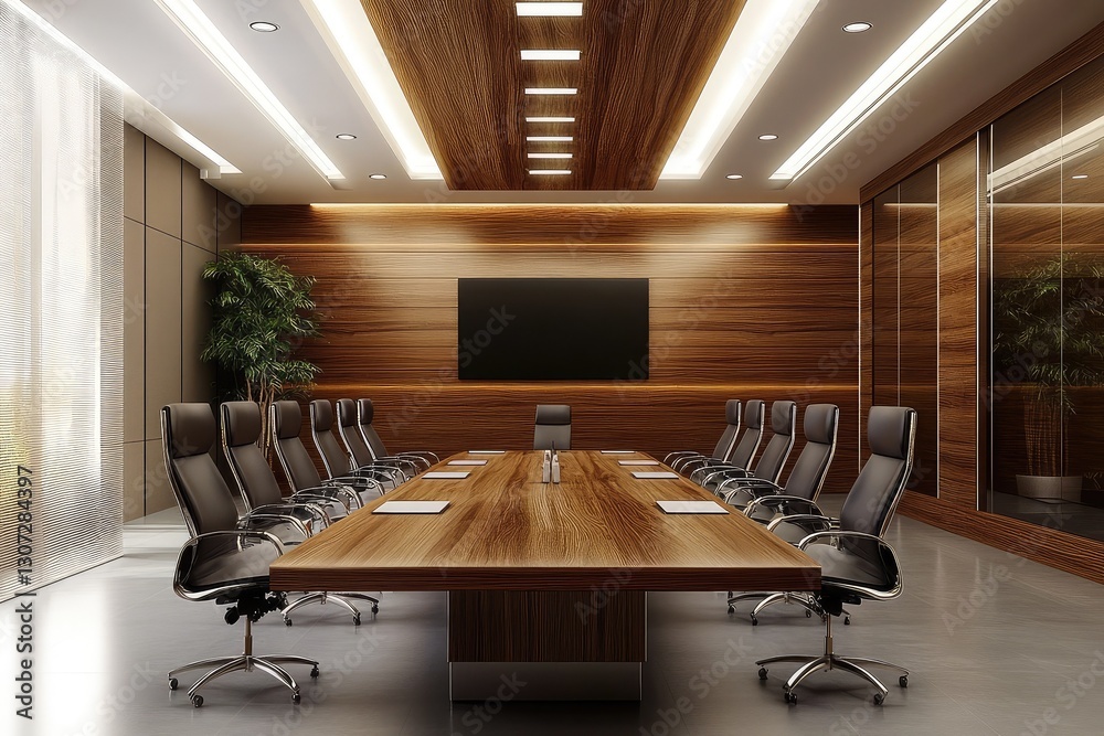 Fototapeta premium Wooden meeting room interior. AI generated illustration.