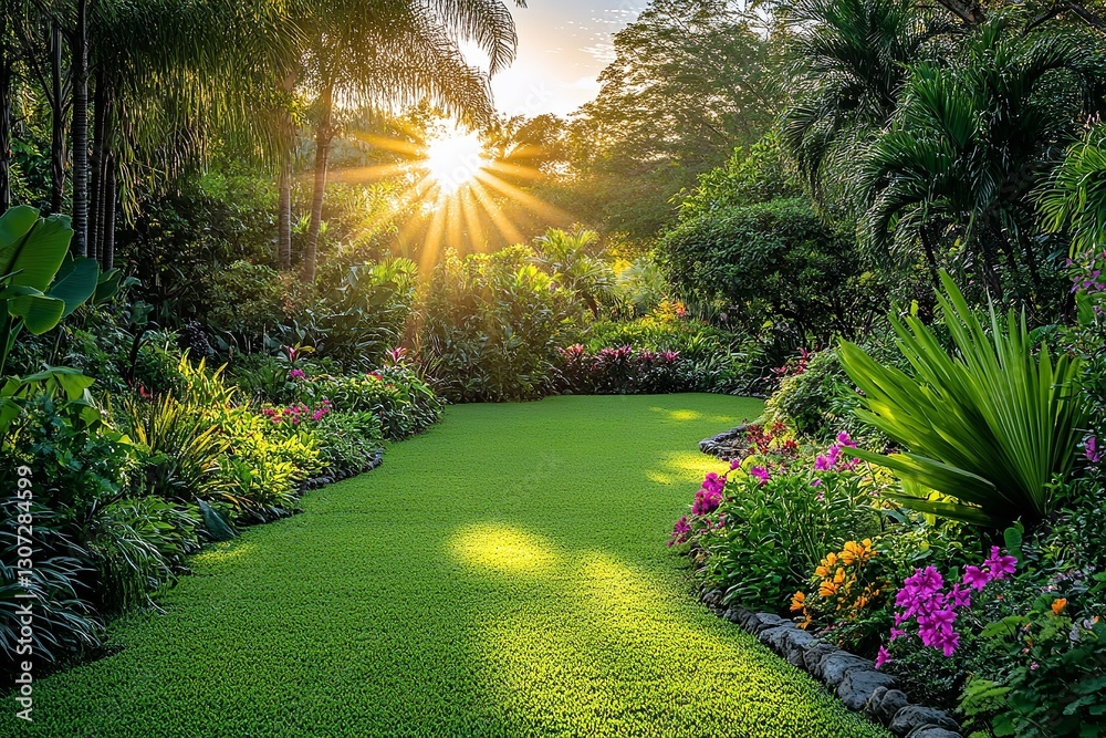 Obraz premium A peaceful morning marks the beginning of a new day as gentle sunshine filters through the vibrant green foliage of a thriving garden. Generative Ai