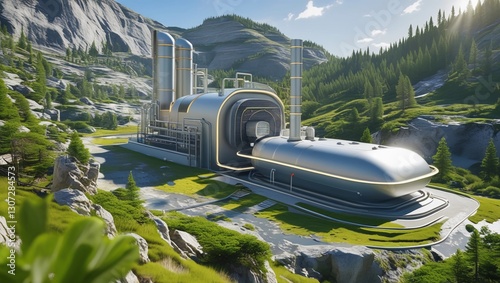 High-tech geothermal energy plant with a sleek, futuristic design located in a pristine natural environment. Represents sustainable innovation and clean energy production