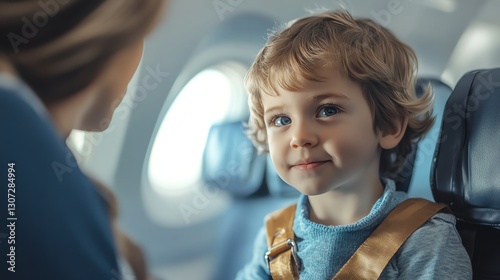 Closeup Air hostess assisting a child on a plane, kindness and exceptional passenger service concept