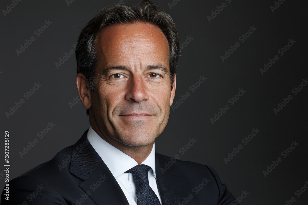 Confident businessman smiling in suit and tie on dark background Confident businessman smiling in suit and tie on dark background