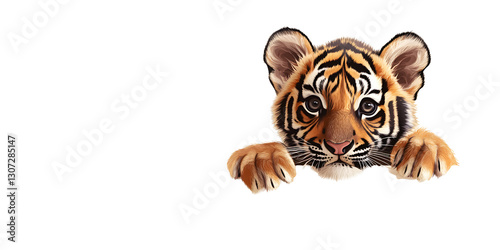Curious tiger cub peeking over the edge of blank banner, white or transparent background