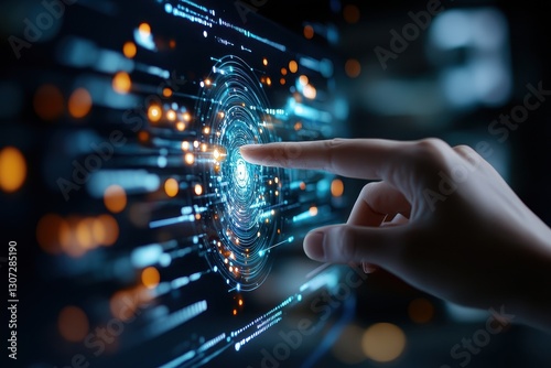 Finger Touching A Glowing Digital Interface Center