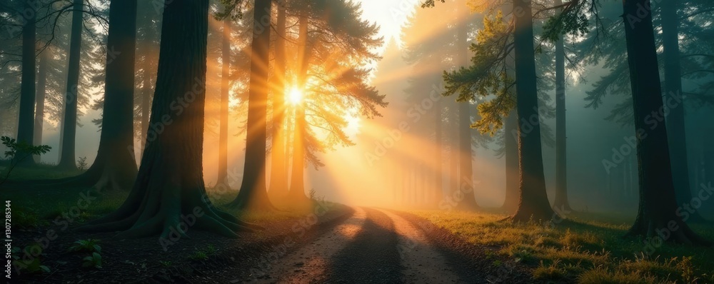 Fototapeta premium Foggy forest awakens to warm sunlight filtering through the canopy, misty atmosphere, calm and quiet