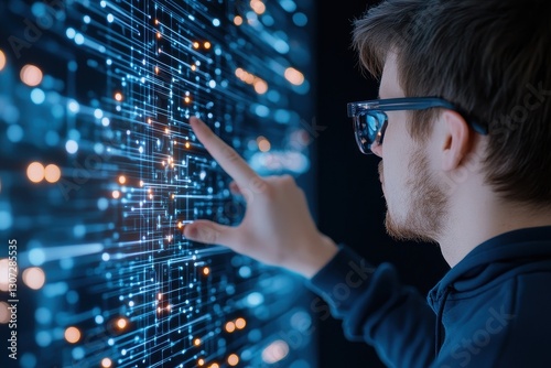 Man With Smart Glasses Touching Digital Data Screen