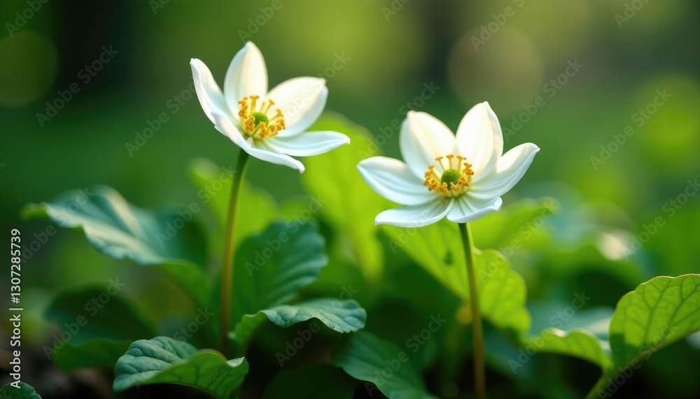 Foliage and delicate white flowers on Anemone nemorosa, Woodland Flowers, Spring Bloom Foliage and delicate white flowers on Anemone nemorosa, Woodland Flowers, Spring Bloom