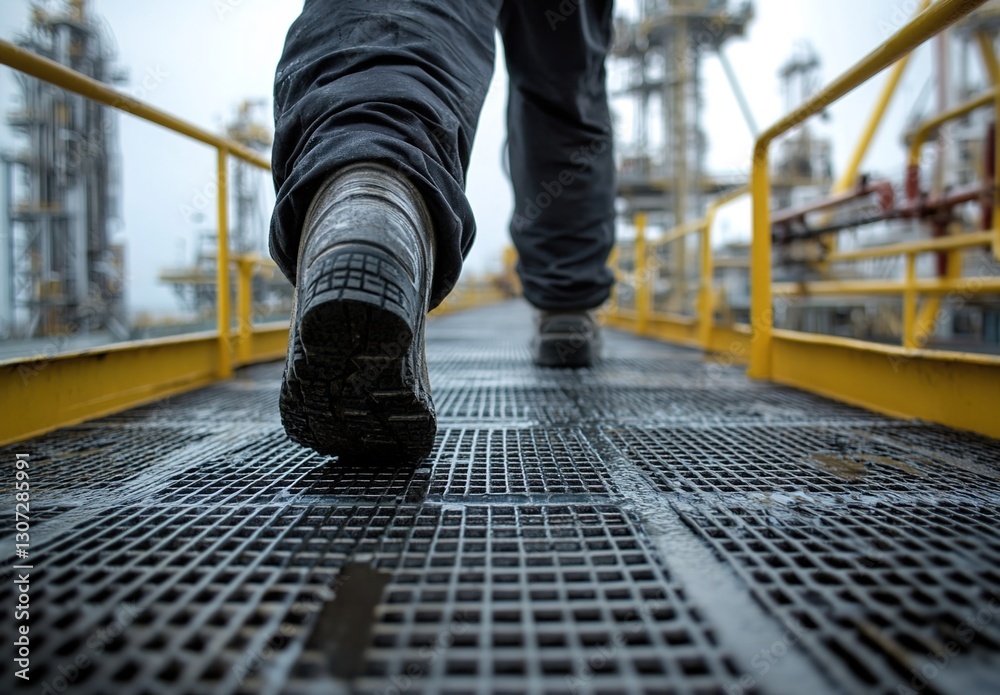Obraz premium A worker wearing safety shoes is walking on steel grating at an oil and gas facility. The perspective is from the feet, showing detailed details of the industrial floor materials in action