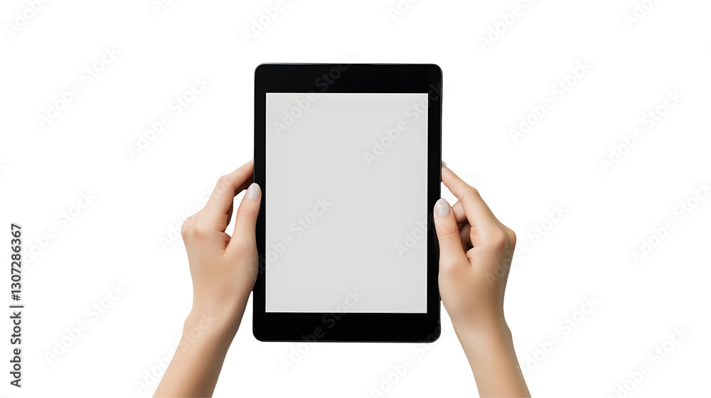Hands holding black tablet with blank screen, isolated on white or transparent background Hands holding black tablet with blank screen, isolated on white or transparent background