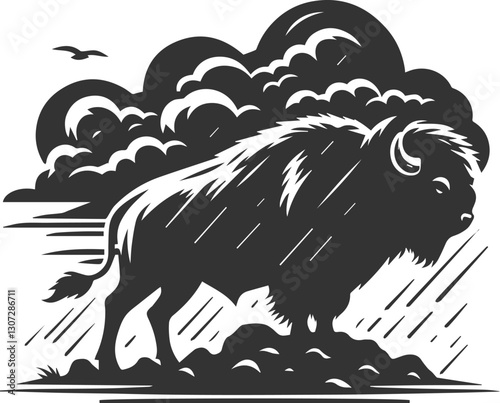 Buffalo facing a storm and standing firm animal vector silhouette
