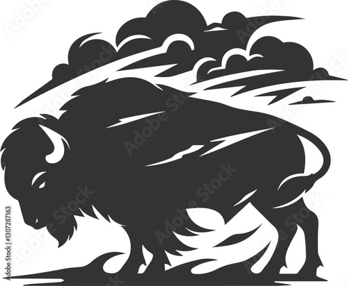 Buffalo facing a storm and standing firm animal vector silhouette