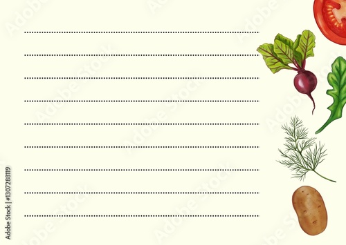 A blank lined recipes card or grocery lists with watercolor illustrations of vegetables including a tomato, beetroot, spinach, dill, and potato on the right side.