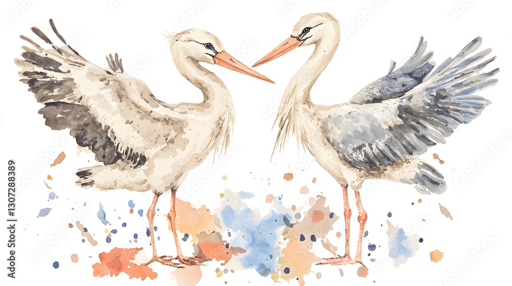 Obraz premium A whimsical and expressive watercolor artwork featuring two elegant storks their refined forms contrasted against a dynamic splash of vibrant color