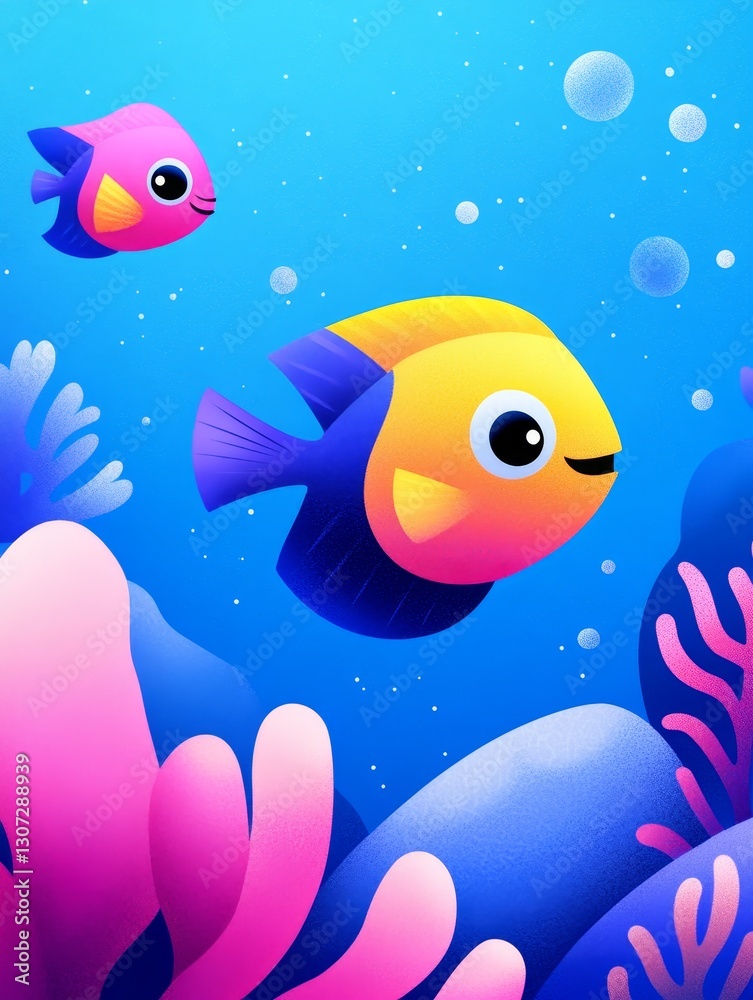 Fototapeta premium Colorful Fish and Coral Reef Underwater Scene - Vibrant underwater world, playful fish, coral, ocean life, marine beauty. Symbolizing joy, peace, serenity, exploration, and wonder