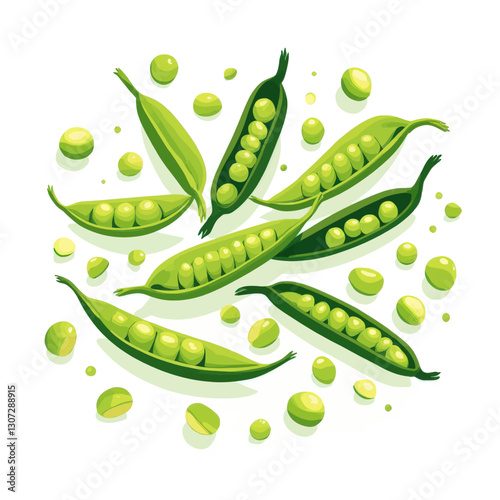 Bright Green Pea Pods and Loose Peas Illustration