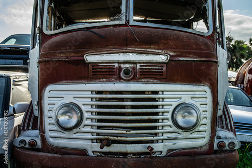 Old abandoned fire truck in a  junkyard