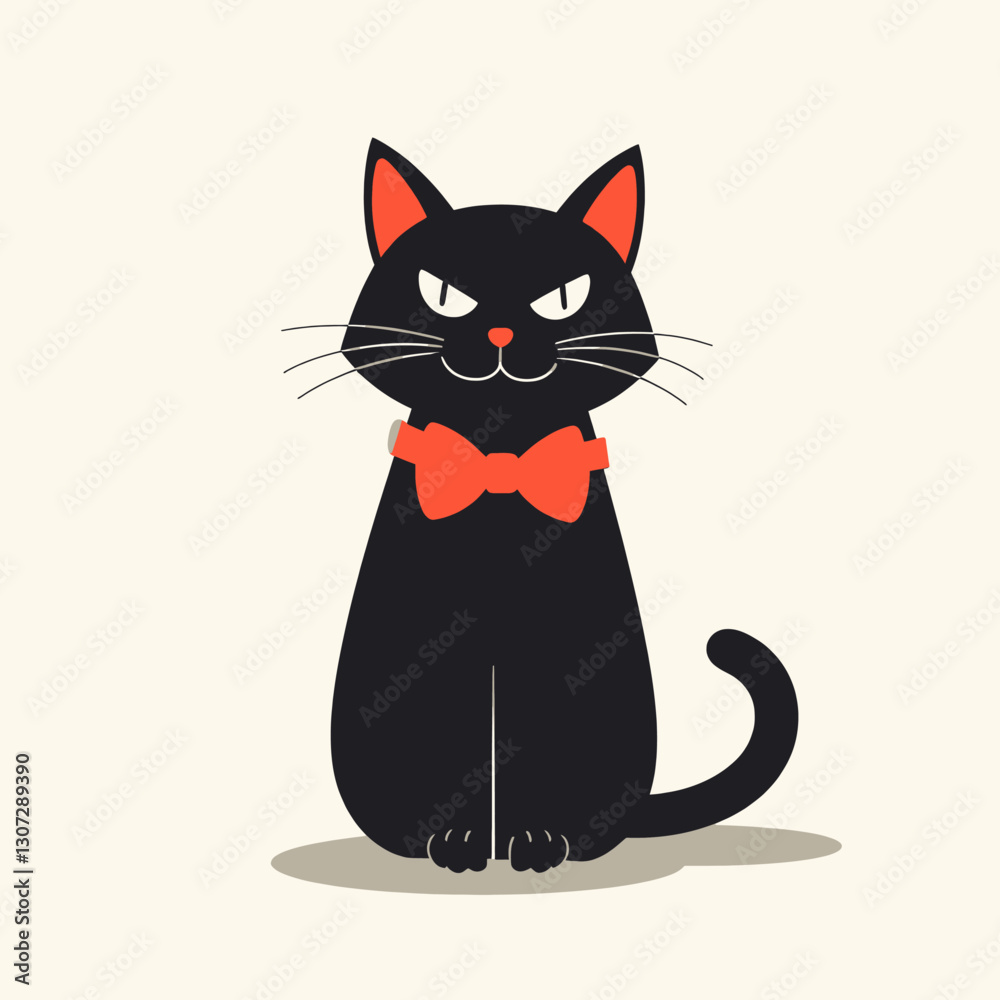 Obraz premium Cartoon black cat with orange bow tie and a stern face