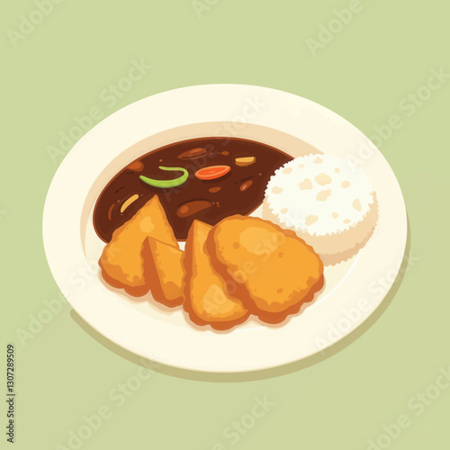 Cartoon chicken katsu curry with rice on a plate