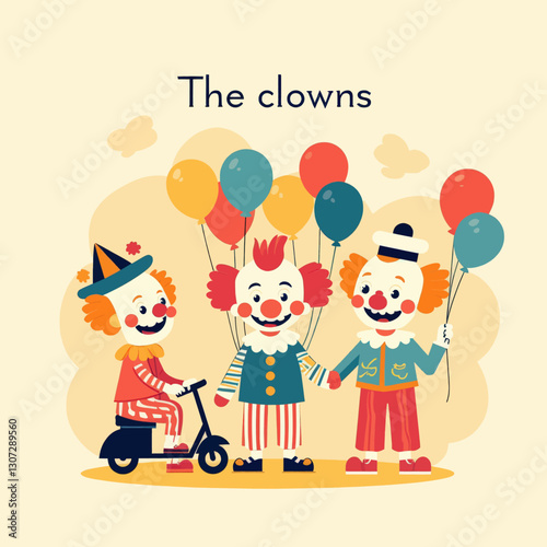 Cartoon Clowns Holding Balloons Riding Scooter Together