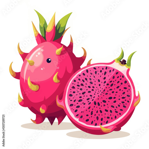 Cartoon Dragon Fruit Pair: Whole and Halved Showing Seeds