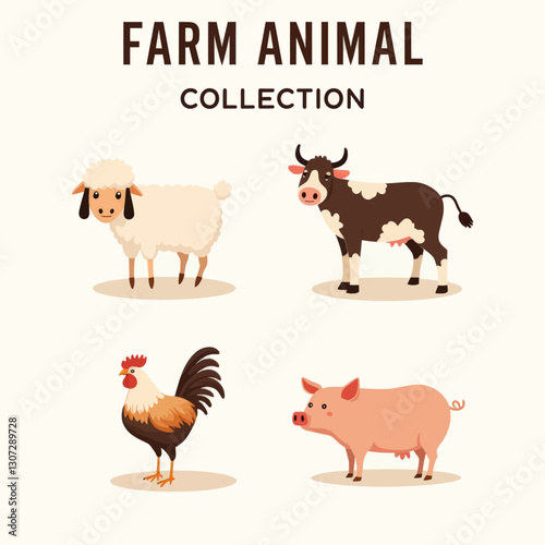 Cartoon Farm Animal Collection with Sheep, Cow, Rooster, Pig