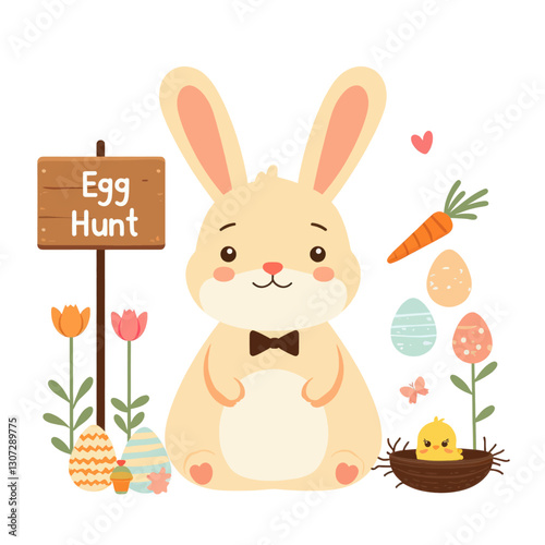 Cartoon Easter Bunny with Egg Hunt Sign and Baby Chick