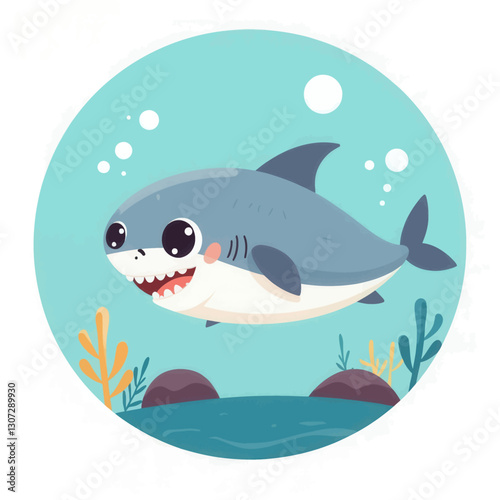 Cartoon Grey Baby Shark Swimming in Ocean Circle