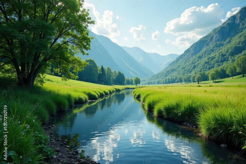 Fototapeta premium Peaceful scene of river Birsig flowing through landscape, river, scenery
