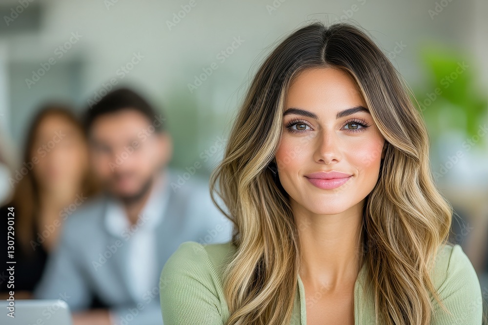 Fototapeta premium Smiling Woman In Green Top At Office Meeting.
