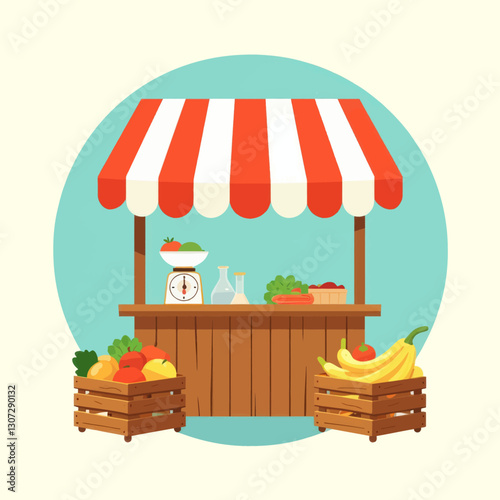 Cartoon illustration of a red and white striped fruit and vegetable stand