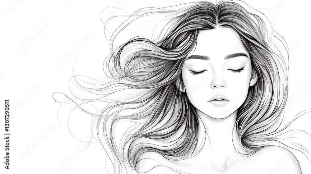 woman, hand-drawn, top view, white background, loose hair flowing around, soft lines creating a peaceful and natural feel. woman, hand-drawn, top view, white background, loose hair flowing around, soft lines creating a peaceful and natural feel.