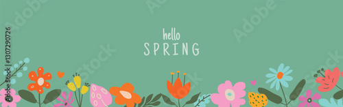 Hello Spring' card or horizontal poster for spring holidays featuring wildflowers. A cute floral frame on a soft green background. Hand-drawn vector template for birthdays, Easter, or Mother's Day dec