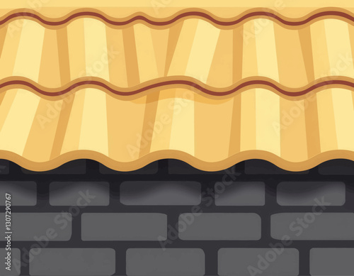 Cartoon-style yellow tiled roof above gray brick wall