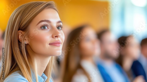Smiling Young Woman Captivates Audience With Interest.
