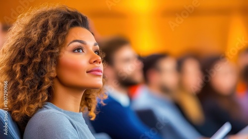 Wallpaper Mural Curly Haired Woman Focused In Vibrant Conference Torontodigital.ca