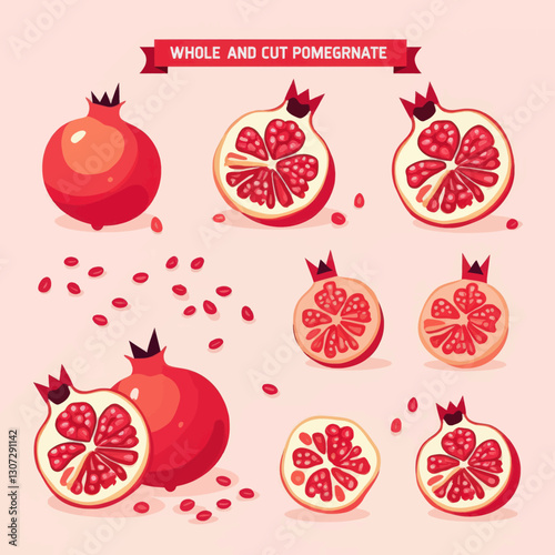 Cartoon Whole and Cut Pomegranate Still Life