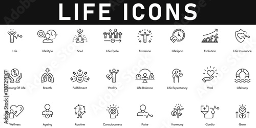 Life Icons vector illustration with thin line editable stroke contains grow, cardio, harmony, routine, wellness, life balance, fulfilment, existence, soul, breathe, lifespan, lifestyle, ageing, vital