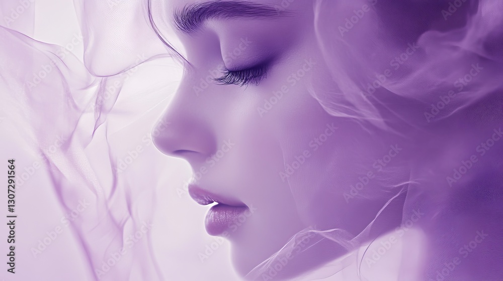woman, macro, violet solid background, elegant and composed, soft violet hues surrounding her, creating a tranquil atmosphere. woman, macro, violet solid background, elegant and composed, soft violet hues surrounding her, creating a tranquil atmosphere.