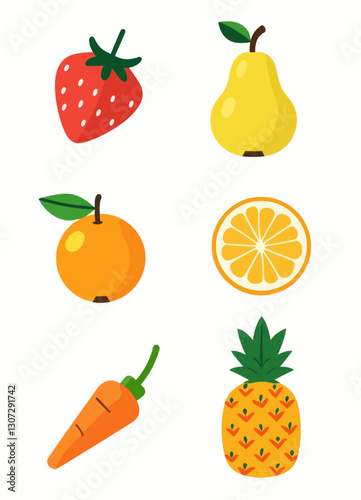 Colorful Flat Design Fruit and Carrot Icons Set