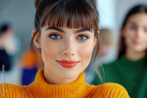 Woman With Bangs And Yellow Sweater, Smiling