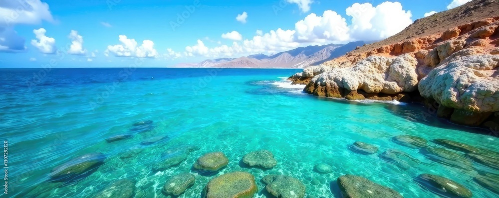 Fototapeta premium Turquesa de fondo en las aguas cristalinas de Bajamar con un paisaje de nubes doradas, turquoise water, oceanic, tenerife