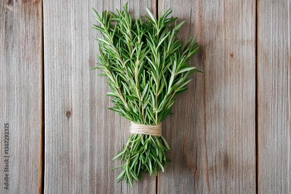 A vibrant green bundle of rosemary is nestled on an aged wooden surface, showcasing its aromatic leaves. The natural tones create a rustic atmosphere A vibrant green bundle of rosemary is nestled on an aged wooden surface, showcasing its aromatic leaves. The natural tones create a rustic atmosphere