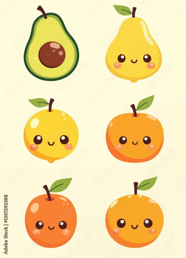 Cute Kawaii Fruits Pattern with Happy Faces