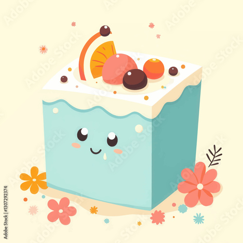 Cute Kawaii Style Cake with Fruit Toppings