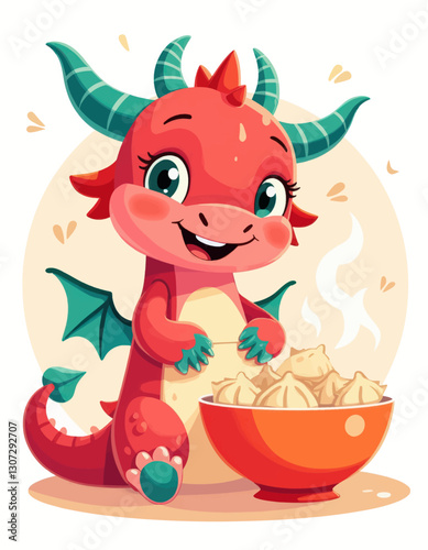 Cute Red Dragon with Bowl of Steaming Dumplings
