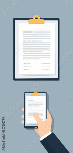 Document checklist on clipboard and smartphone screen