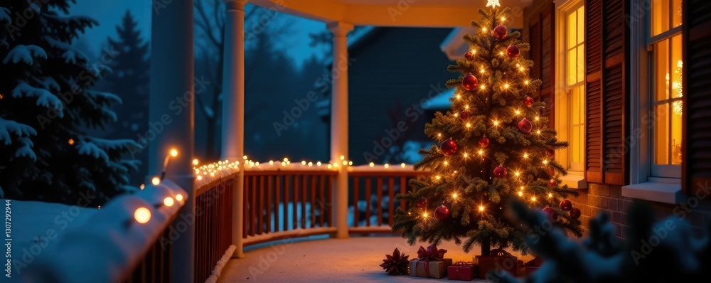 Fototapeta premium Twinkling lights on porch railing surrounding Christmas tree, lights, decorations