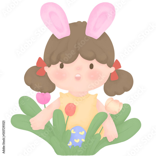 Cute Easter illustration of a girl with bunny ears searching for eggs in spring grass spring