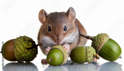 adorable harvest mouse sitting between green acorns and eating photo