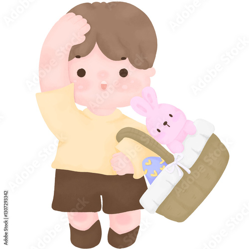 Easter egg hunt illustration of a cute boy with bunny and basket