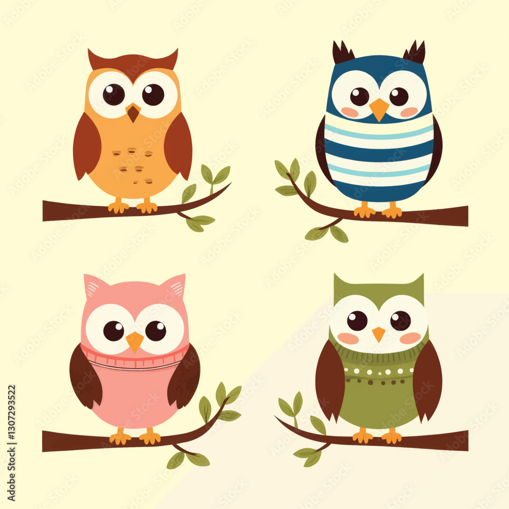 Fototapeta premium Four colorful cartoon owls on branches with leaves